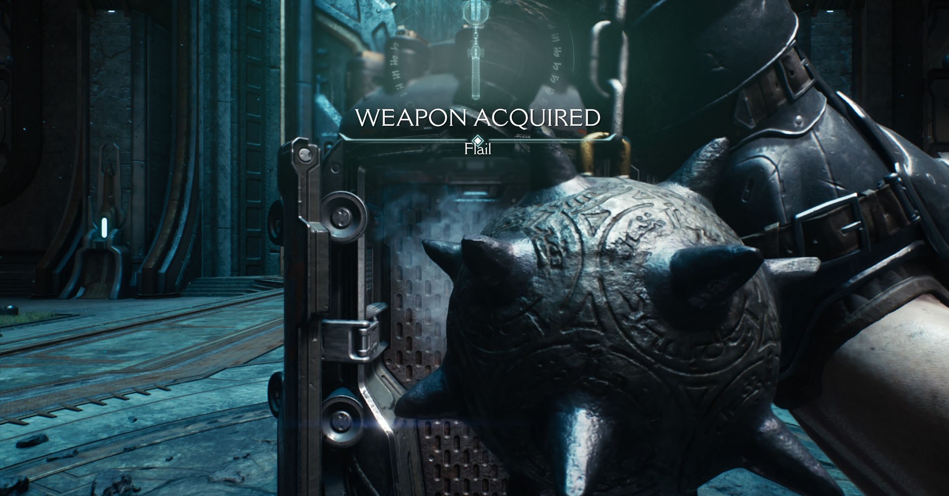A Doom: The Dark Ages screenshot showing the Doom Slayer’s right hand holding a flail.