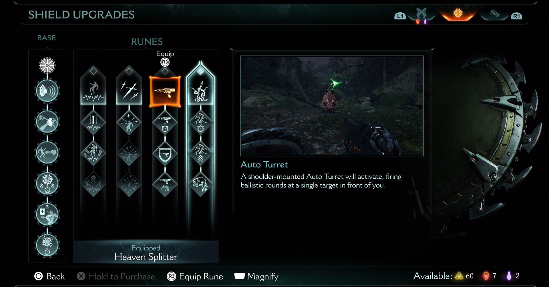 A Doom: The Dark Ages screenshot showing the shield upgrades meny. There are four skill trees, one for each Shield Rune, in addition to the skill tree that unlocks general shield skills.