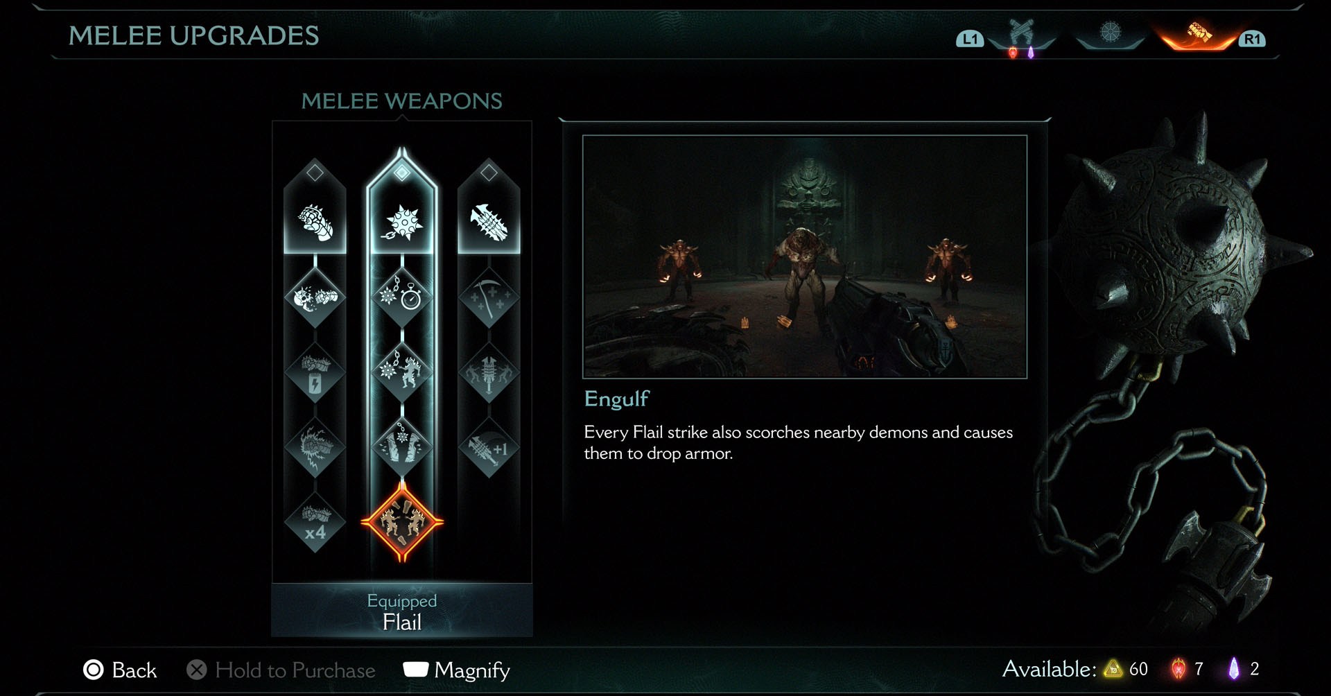 A Doom: The Dark Ages screenshot showing the melee upgrades  menu. There are three skill trees, one for each melee weapon in the game and a screen showing the effect of each skill.