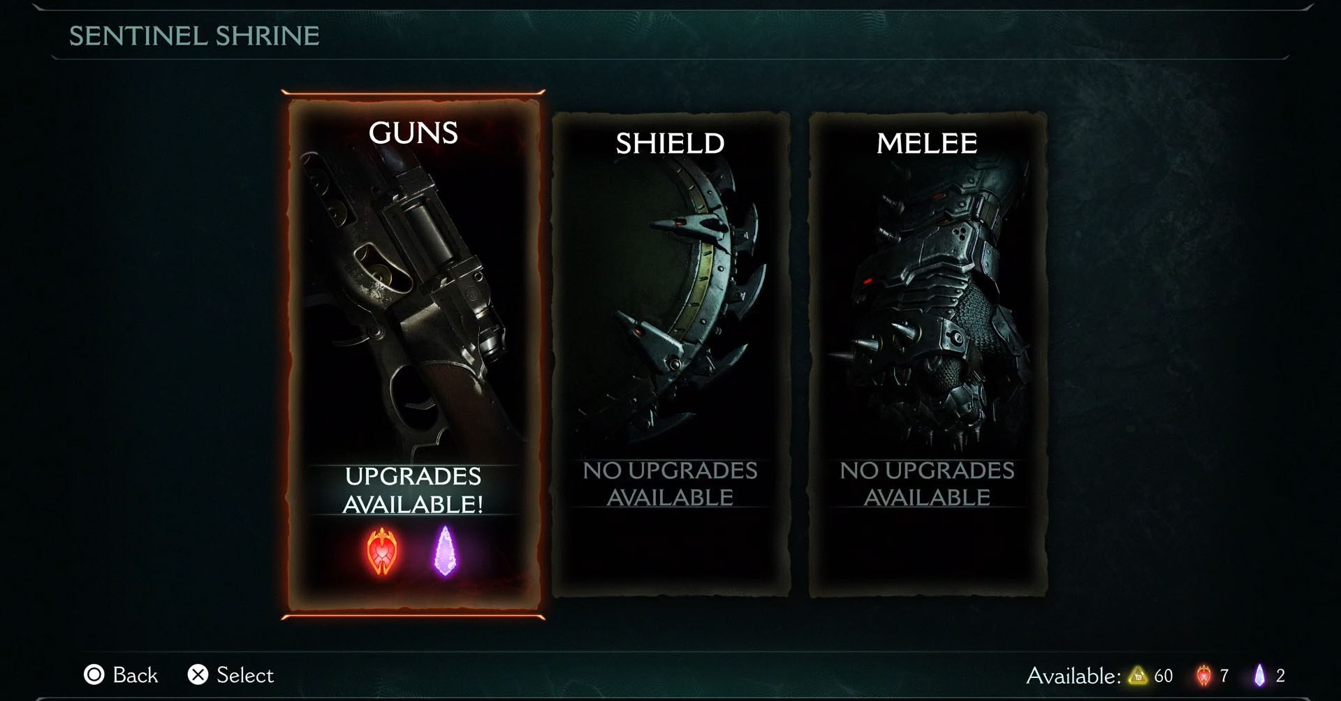 A Doom: The Dark Ages screenshot showing the upgrading menu you access by interacting with a Sentinel Shrine. There are three sub menus to pick. One for Guns, one for the Shield, and the last one for Melee weapons.