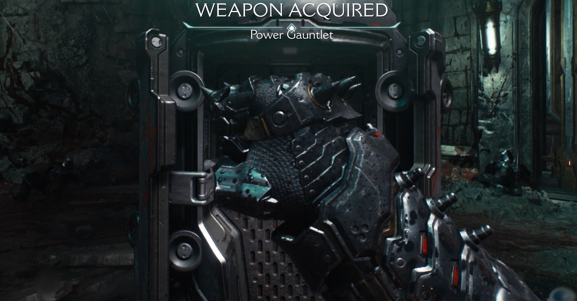 A Doom: The Dark Ages screenshot showing the Power Gaunlet, a metal gauntlet with spikes.