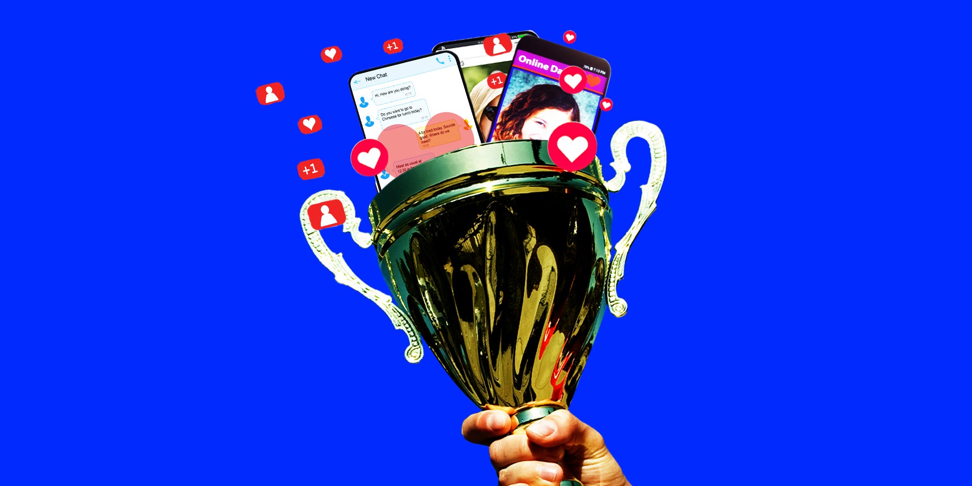 Man holding a trophy with phones in the trophy displaying dating apps and heart icons floating around the trophy