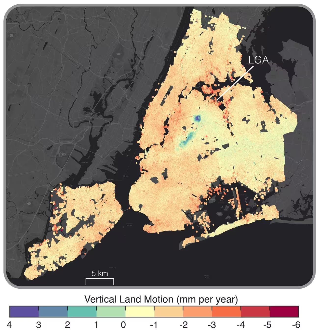 heat map of new york city with small areas of dark red