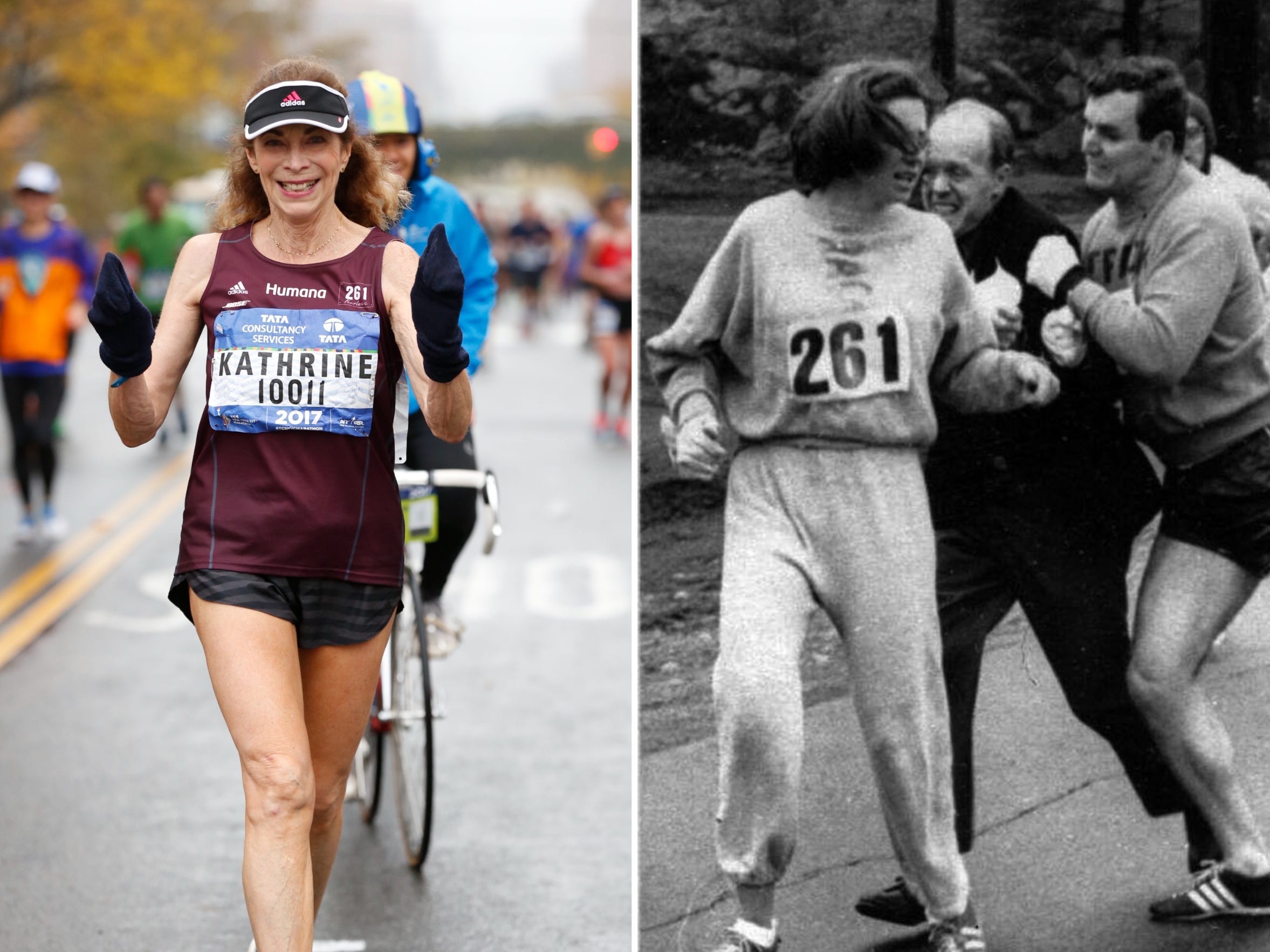 Composite image of a woman running, wearing a vest that reads, "Kathrine," and a black and white photo of a woman in front of two men having a tussle.