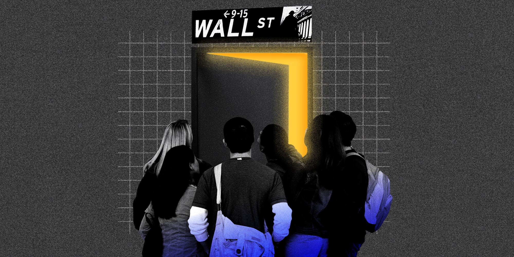 Photo collage of students gathered at a cracked door with a glowing light inside, and a Wall Street sign above.