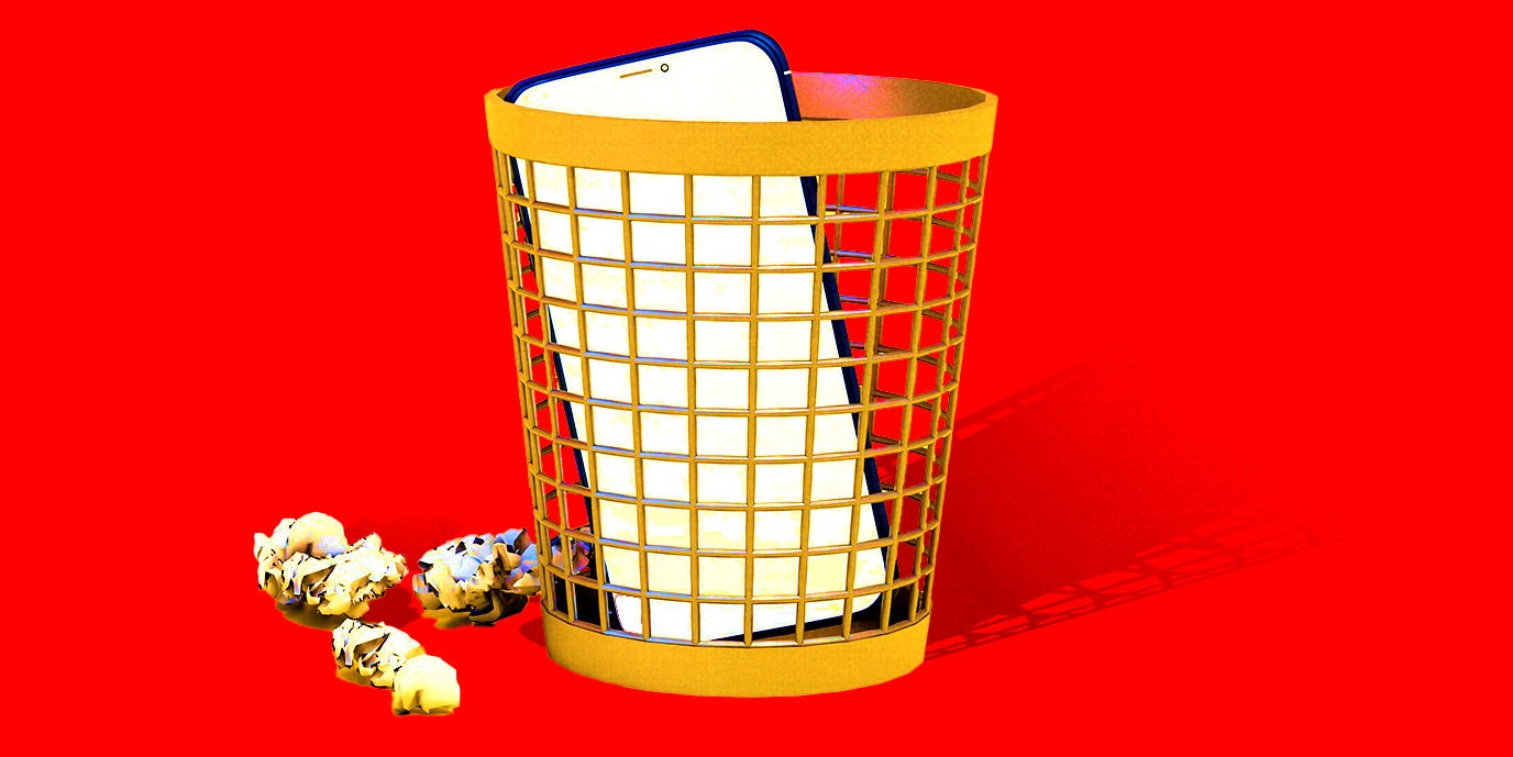 iPhone in trash can.