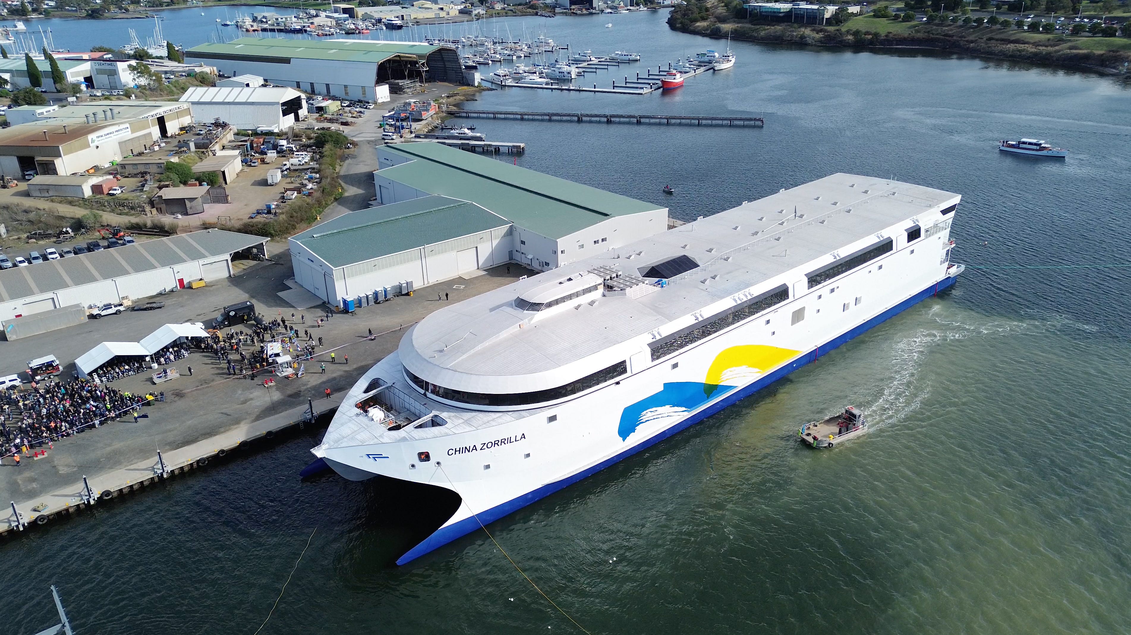 Australian shipbuilder Incat's Hull 096 launched from Hobart, Tasmania, on May 2, 2025.