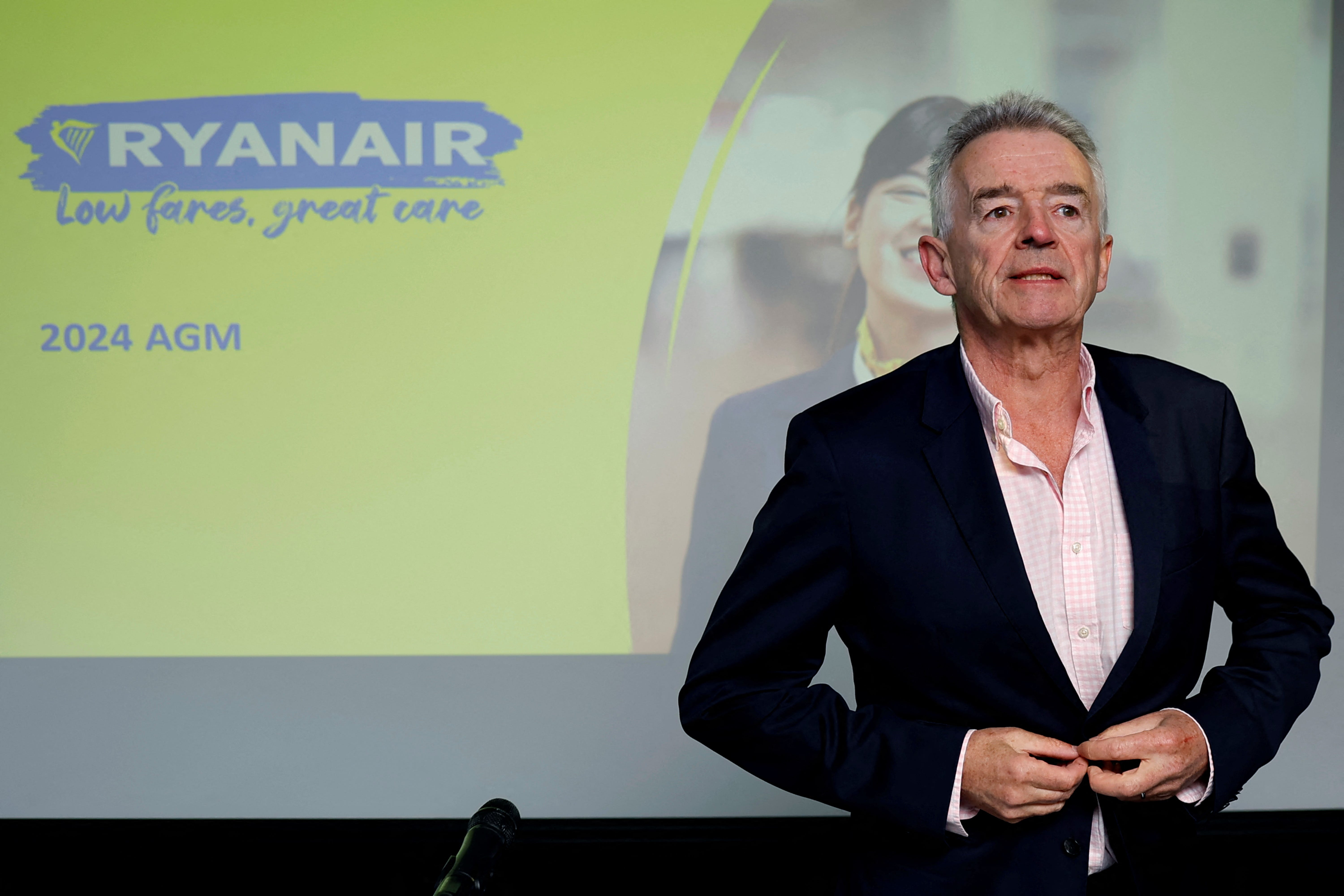 Ryanair Chief Executive Michael O'Leary stands at the podium before the airline's annual general meeting, in Dublin, Ireland, September 12, 2024.
