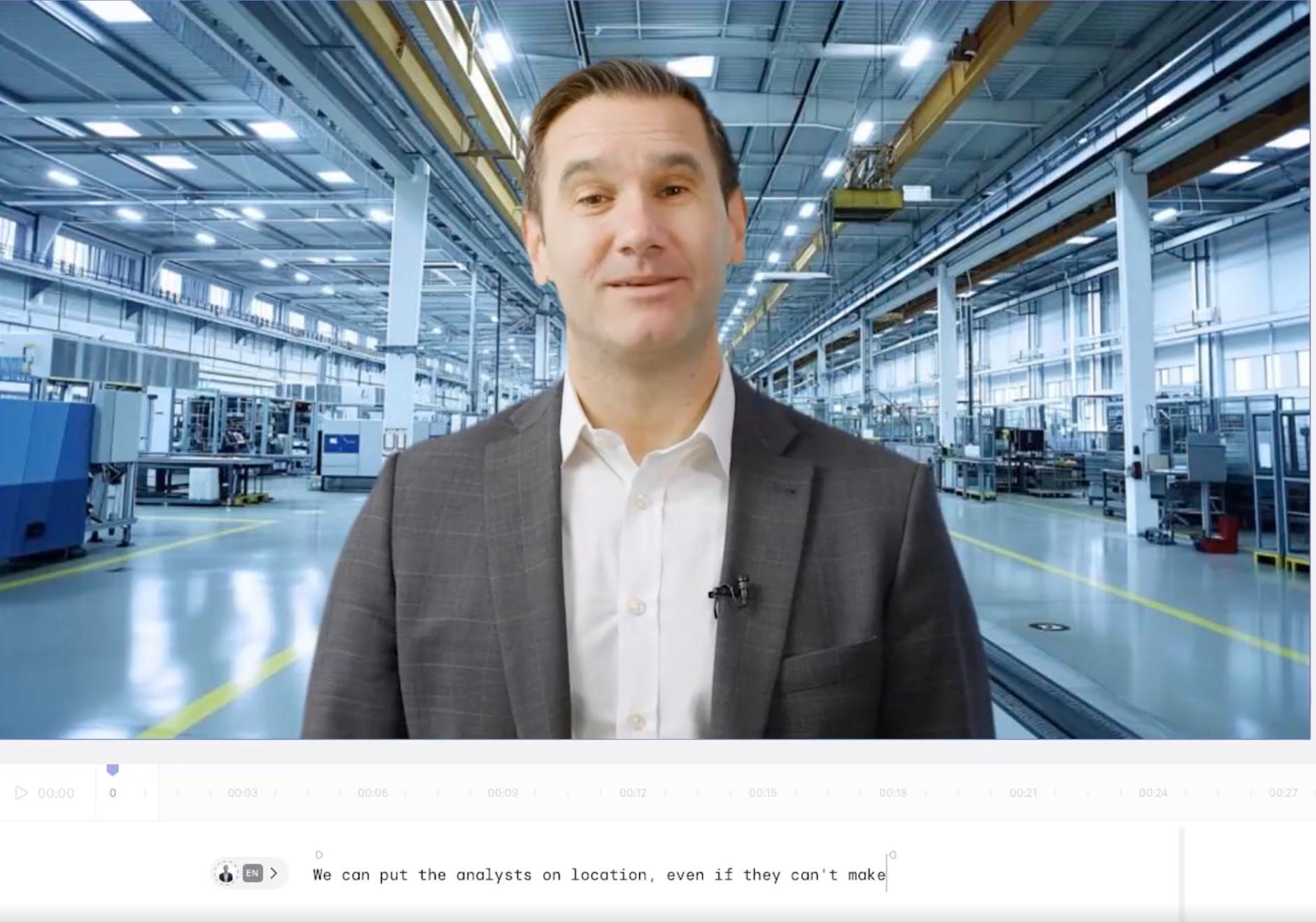 An AI-generated image of a man in a suit with a factory floor in the background