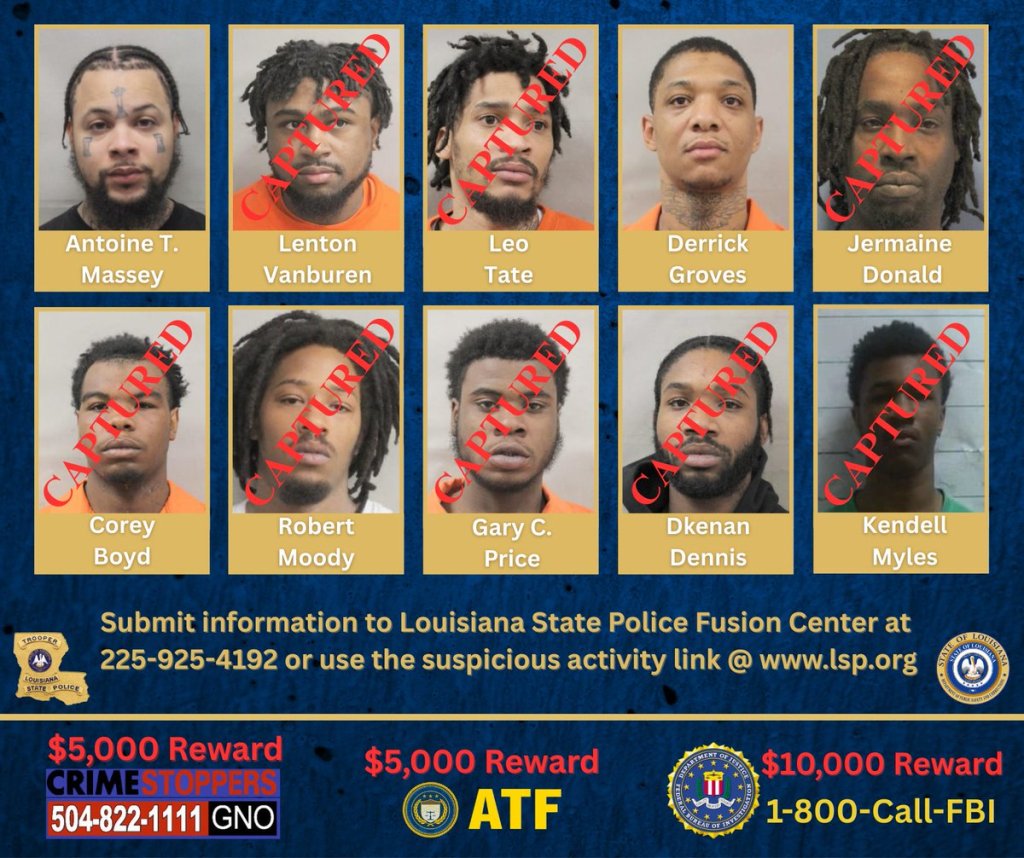 Three more fighters on the run after a group of 10 inmates escaped from a New Orleans jail have been captured, authorities said Monday.