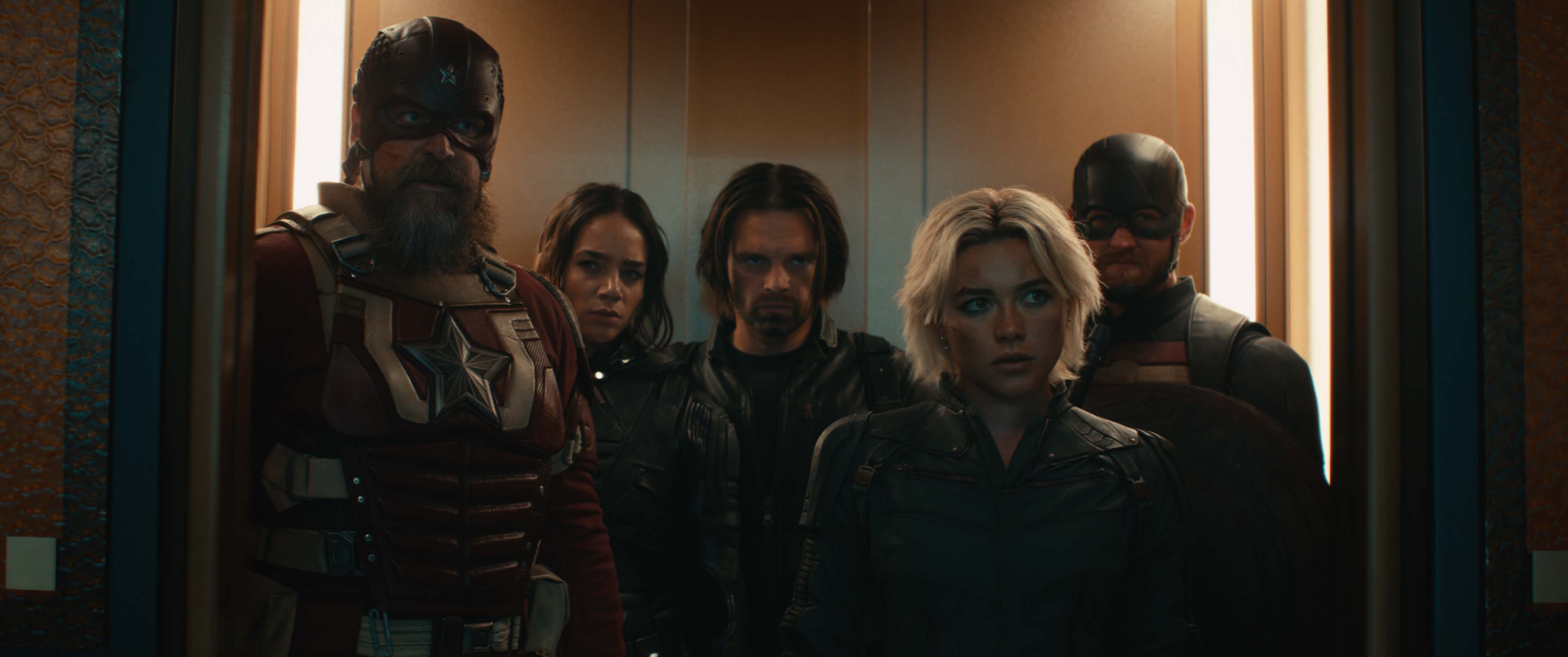David Harbour as Alexei Shostakov/Red Guardian, Hannah John-Kamen as Ghost, Sebastian Stan as Bucky Barnes, Florence Pugh as Yelena Belova, and Wyatt Russell as John Walker.