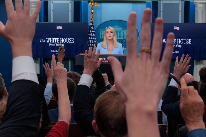 White House Press Secretary Karoline Leavitt talks to reporters during a news conference in the Brady Press Briefing Room at the White House on May 09, 2025 in Washington, DC.