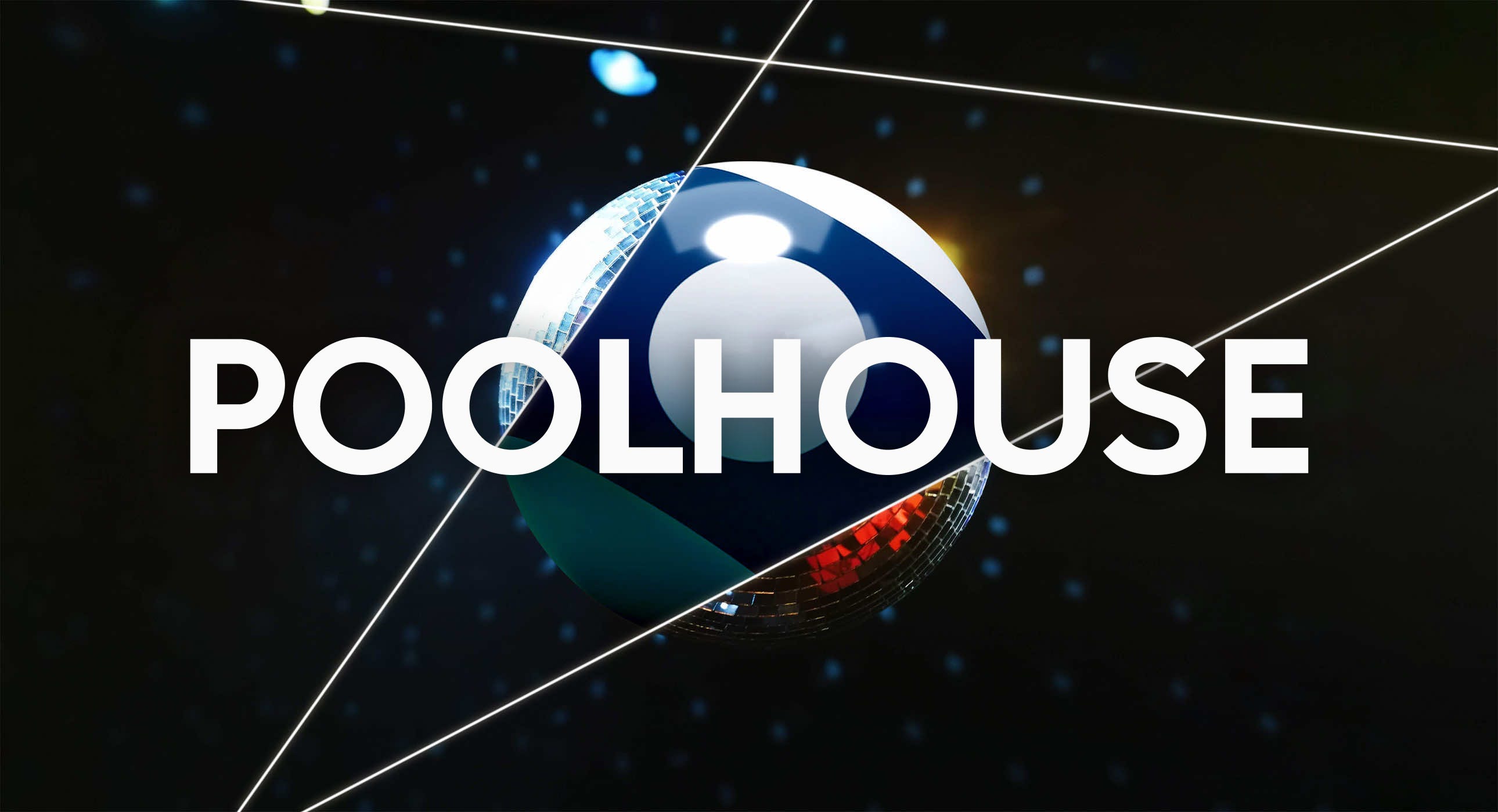 Poolhouse's logo has the company name in white text in front of a white and blue billiards ball.