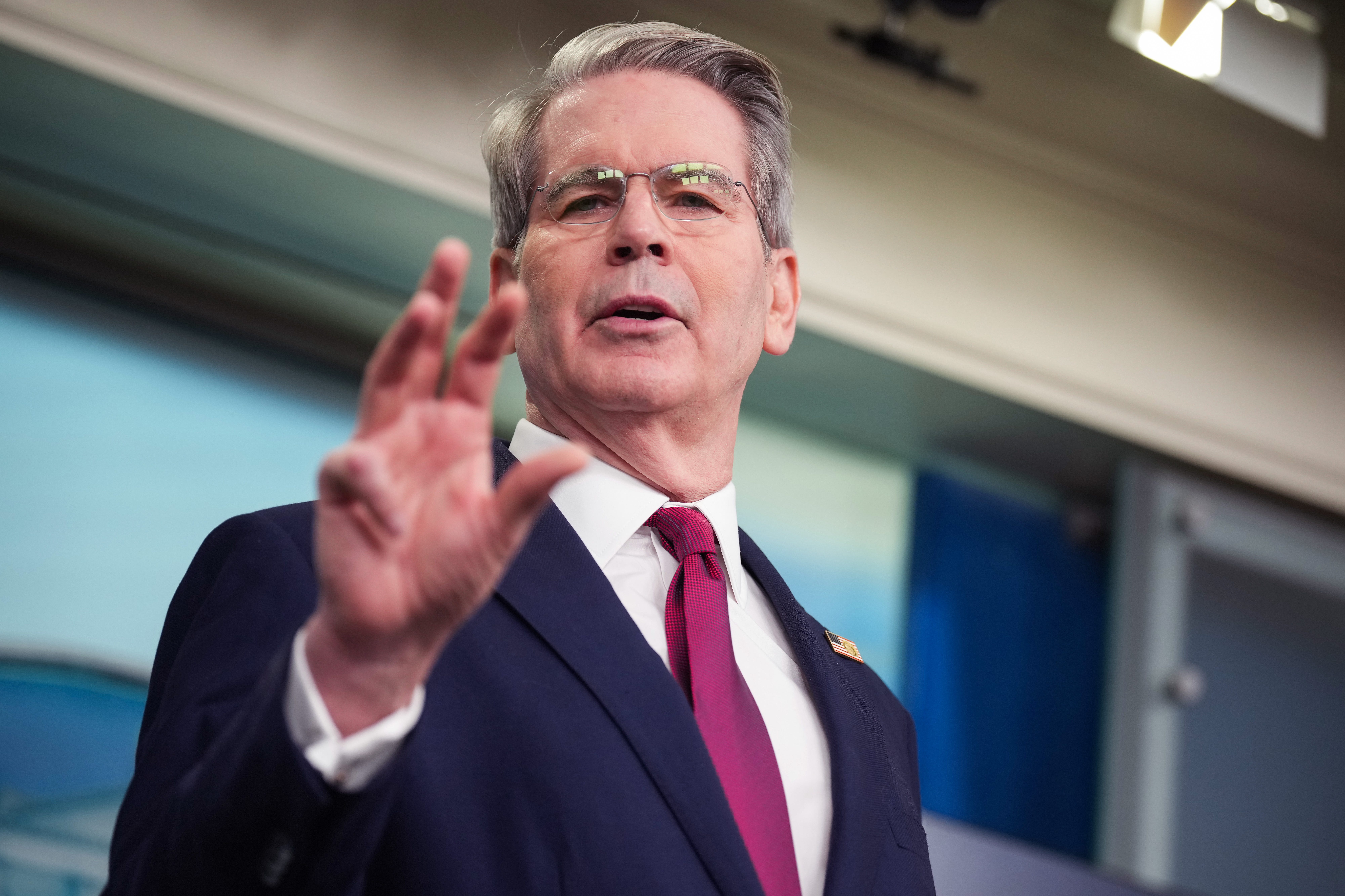 Treasury Secretary Scott Bessent speaking at a press briefing in the White House.