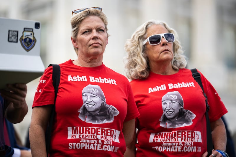 Nicole Reffitt, the wife of convicted rioter Guy Reffitt, with Micki Witthoeft, Babbitt's mother