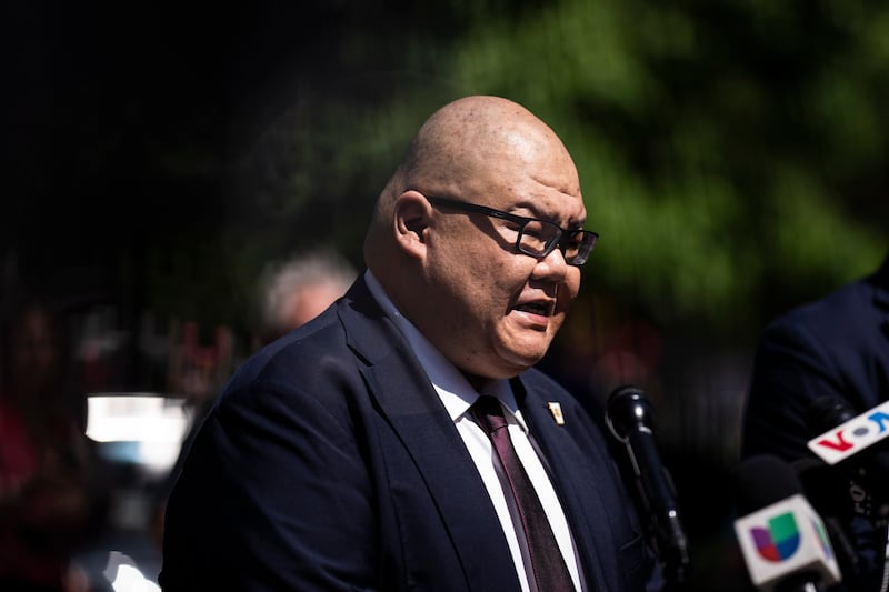 New York, NY - May 28 : Trump Press Secretary Steven Cheung speaks to reporters at Collect Pond Park across the street as former President Donald Trump attends closing arguments in his criminal trial at the Manhattan Criminal Court in New York, NY on Tuesday, May 28, 2024. (Photo by Jabin Botsford/The Washington Post via Getty Images)