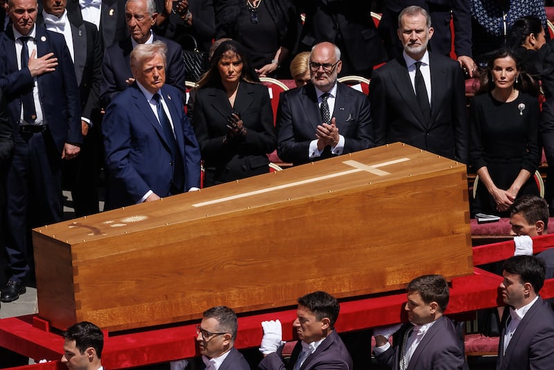 VATICAN CITY, VATICAN - APRIL 26: President of France Emmanuel Macron, Finland's President Alexander Stubb, US President Donald Trump, US First Lady Melania Trump, Estonian President Alar Karis, King Felipe VI of Spain and Queen Letizia of Spain attend the funeral of Pope Francis in St. Peter’s Square on April 26, 2025 in Vatican City, Vatican. Pope Francis died on April 21st at the age of 88. Born in Argentina as Jorge Mario Bergoglio, he was the first Latin American and the first Jesuit to become Pope when elected in 2013. Taking the name Francis after St Francis of Assisi, he promoted a more humble version of the papacy than many of his predecessors. He will be buried outside of the Vatican in a simple wooden coffin at the Basilica Santa Maria Maggiore. (Photo by Dan Kitwood/Getty Images)