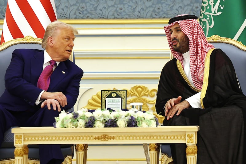 President Donald Trump meets with Saudi Crown Prince Mohammed bin Salman during a “coffee ceremony” at the Saudi Royal Court on May 13, 2025, in Riyadh, Saudi Arabia. Trump begins a multi-nation tour of the Gulf region focused on expanding economic ties and reinforcing security cooperation with key U.S. allies.