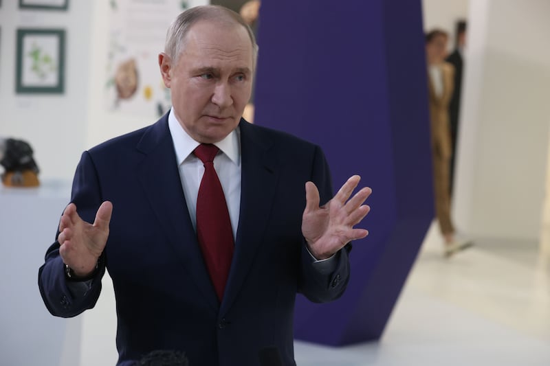 Russian President Vladimir Putin makes a statement after his call with President Trump on May 19, 2025.