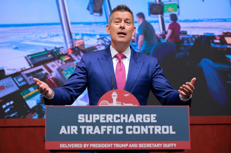 WASHINGTON, DC - MAY 01: U.S. Transportation Secretary Sean Duffy holds a news conference about adding more air traffic controllers to the workforce at the DOT headquarters on May 01, 2025 in Washington, DC. Counter to the Trump Administration's historic layoffs of federal workers, Duffy announced incentives to train new air traffic controllers and to retain controllers that may be close to retirement. (Photo by Chip Somodevilla/Getty Images)