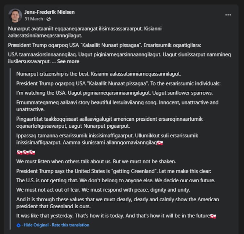 Jens-Frederick Nielsen's Facebook post rejecting American attempts to control Greenland.