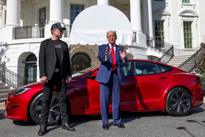 South African-born Elon Musk and Donald Trump outside the White House urging Americans to buy Teslas