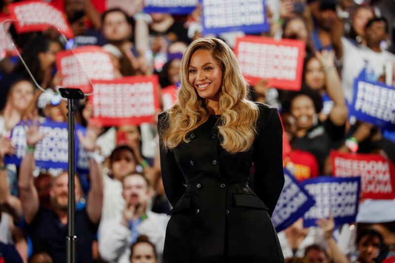 Singer Beyonce attends a campaign rally of Democratic presidential nominee U.S. Vice President Kamala Harris, in Houston, Texas, U.S., October 25, 2024.