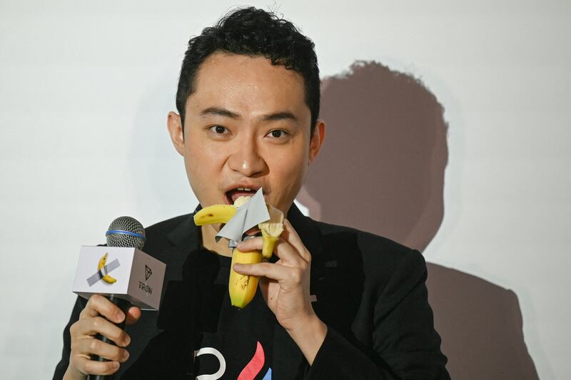 Justin Sun, pictured, described Maurizio Cattelan’s infamous 2019 work as “much better than other bananas.”