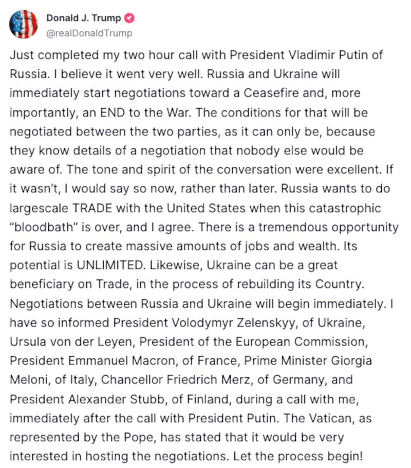 U.S. President Donald Trump posts on Truth Social about his call with Russian President Vladimir Putin.