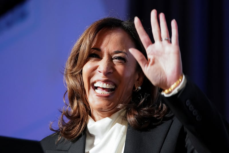 Former U.S. Vice President Kamala Harris reacts during a gala in San Francisco, California, U.S., April 30, 2025. REUTERS/Jungho Kim