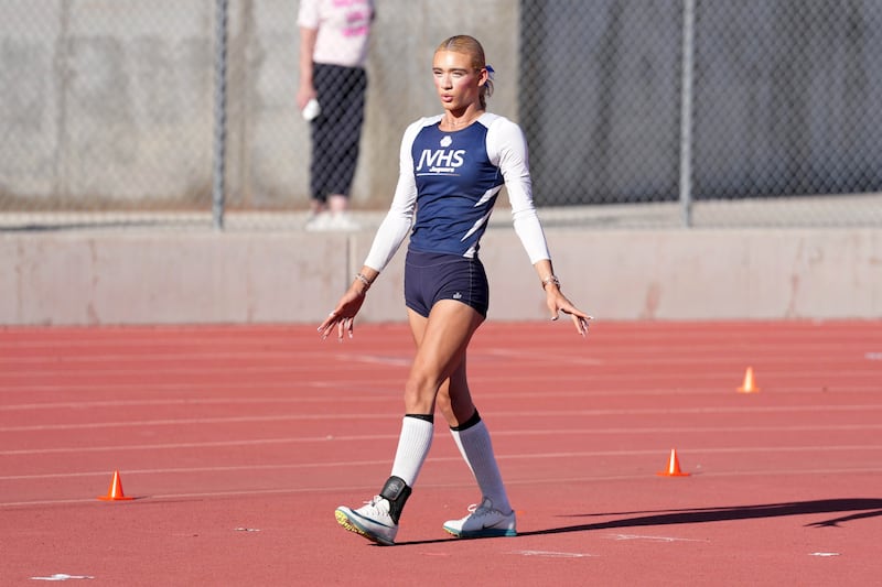 AB Hernandez of Jurupa Valley competes in the girls high jump during the CIF Southern Section Division 3 Track and Field preliminaries at Nathan Shapell Memorial Stadium at Yorba Linda High School on May 10, 2025 in Yorba Linda, California.