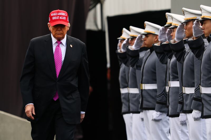 President Donald Trump walks the field prior to addressing graduates of the United States Military Academy at West Point on May 24, 2025 in West Point, New York.