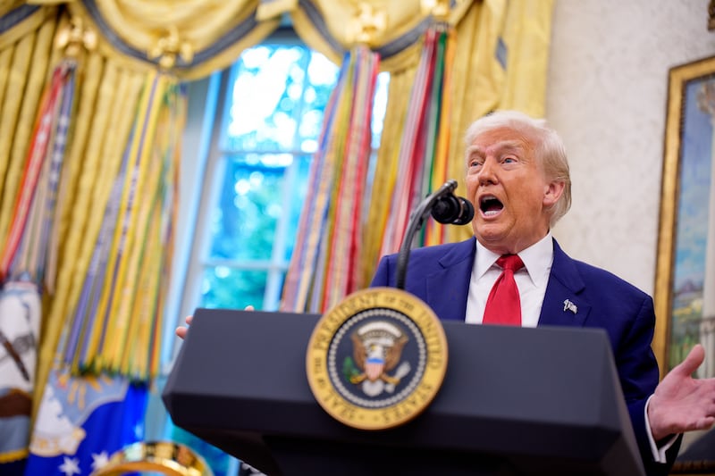 U.S. President Donald Trump speaks during a swearing in ceremony for U.S. Attorney for Washington, D.C. Jeanine Pirro in the Oval Office.