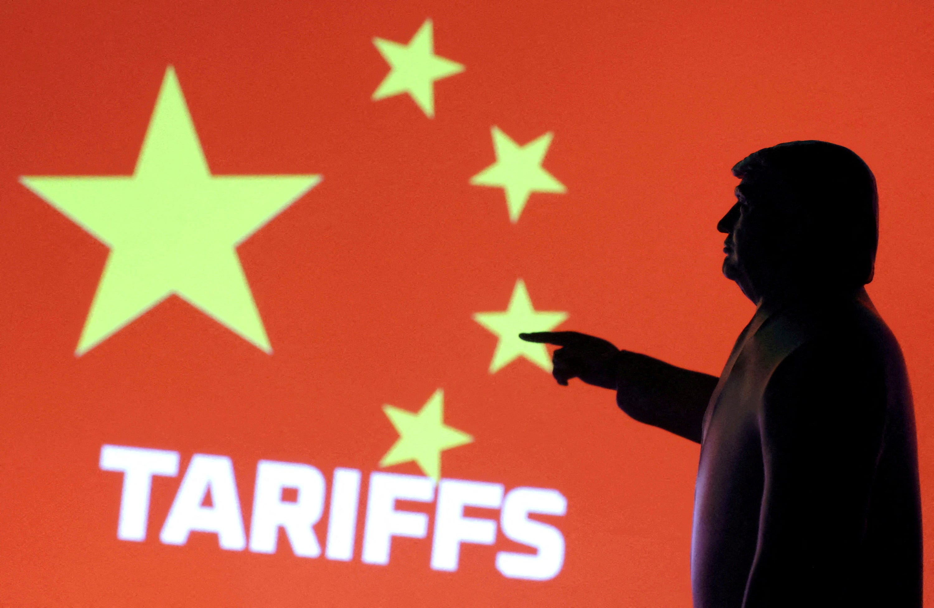 Illustration shows 3D-printed miniature model depicting U.S. President Donald Trump, Chinese flag and word "Tariffs