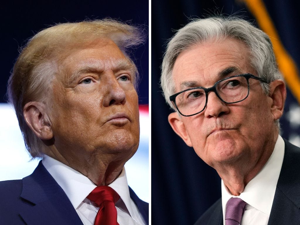 President Donald Trump speaking at a roundtable; Federal Reserve Chair Jerome Powell speaking to reporters.