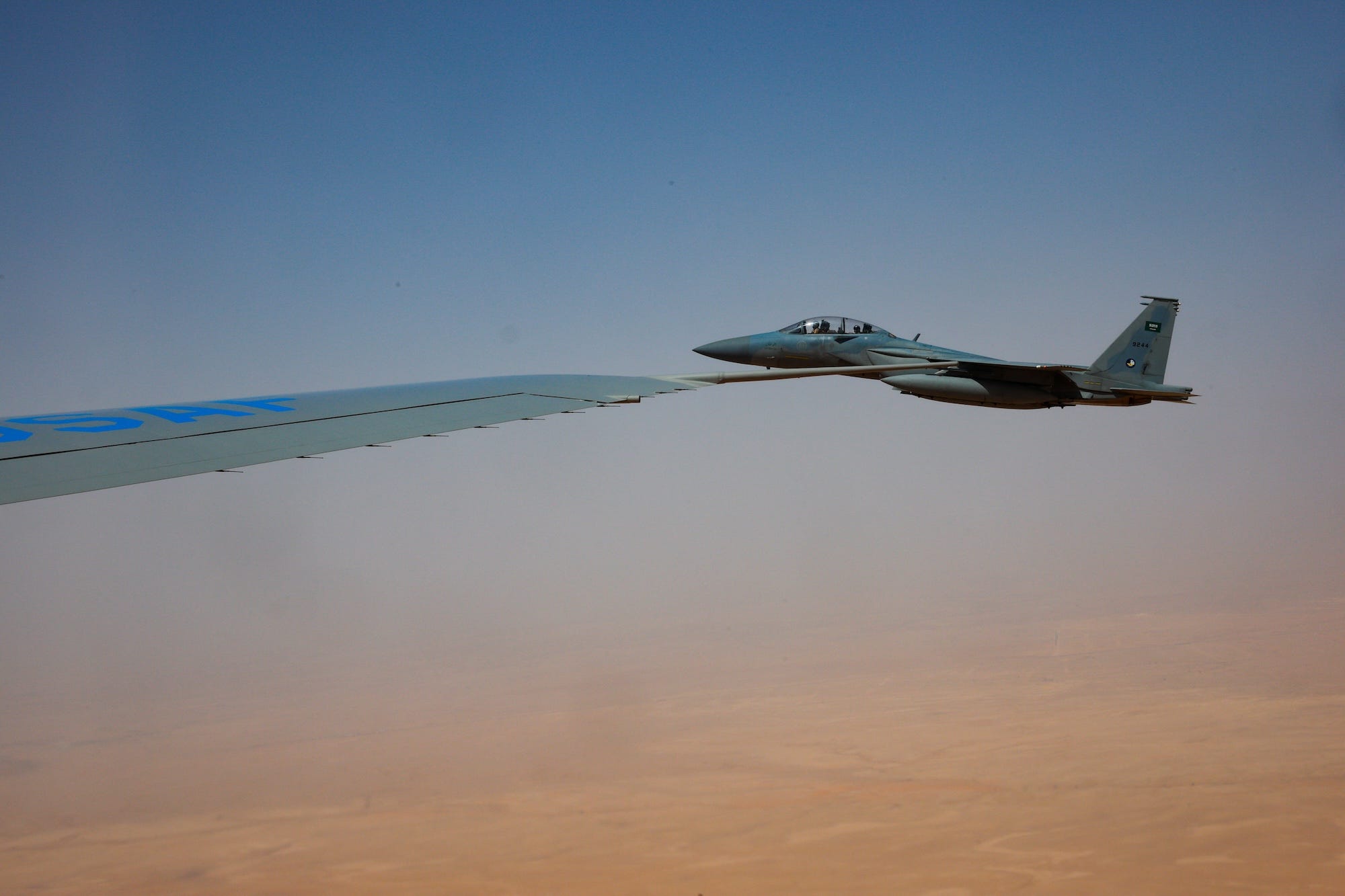 The Saudis discussed buying the F-35 stealth fighter as part of an major agreement to purchase US arms. Here, a Saudi F-15 fighter escorts Air Force One to Riyadh on May 13.