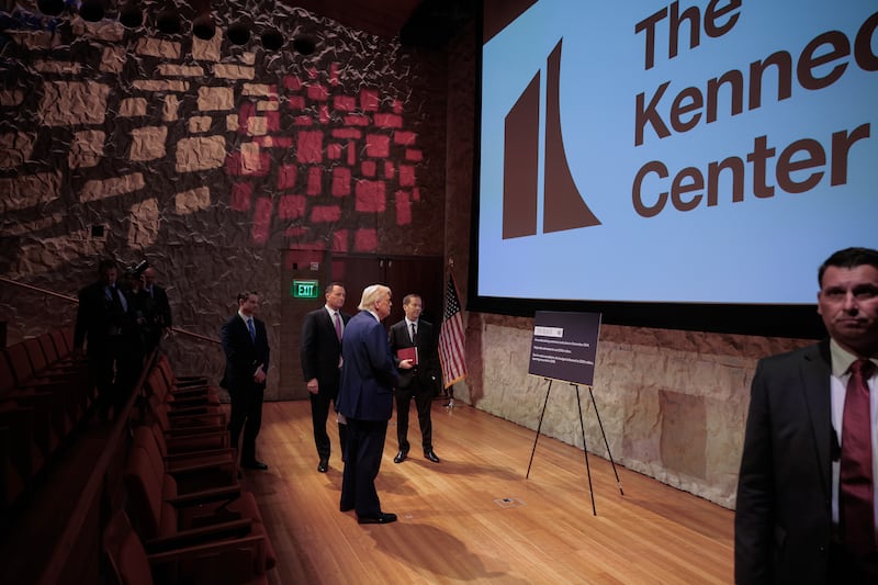 U.S. President Donald Trump looks at a theater in the John F. Kennedy Center for the Performing Arts' REACH extension on March 17, 2025 in Washington, DC.