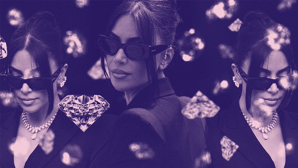 Three pictures of Kim Kardashian surrounded by diamonds