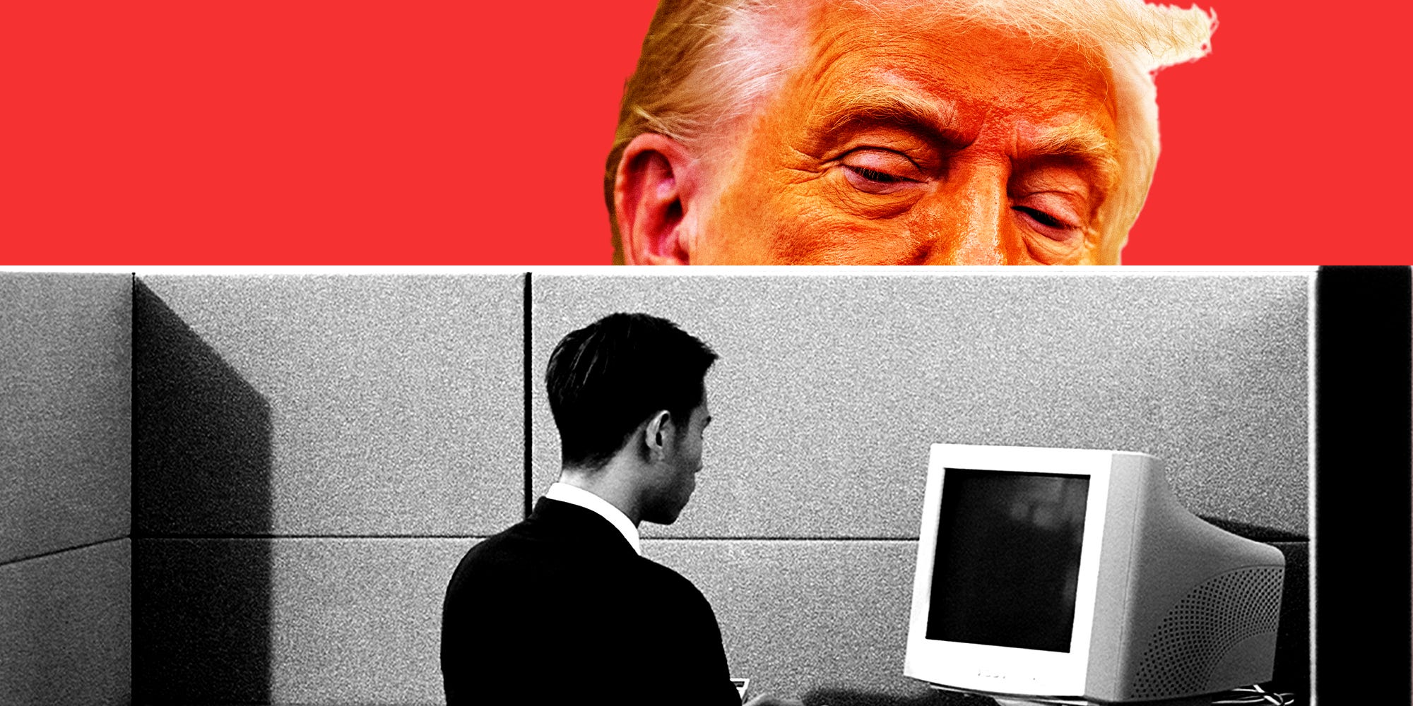 Trump peering over a cubicle looking at a man working on a computer