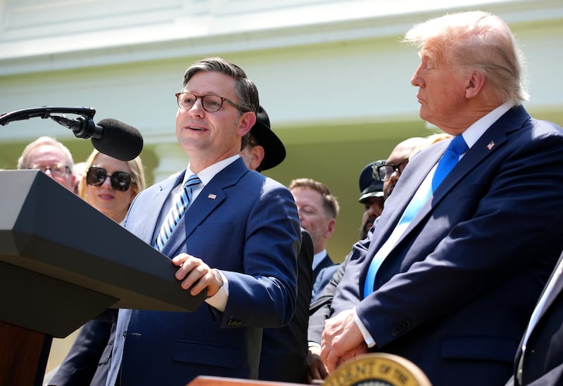 House Speaker Mike Johnson with President Trump at a White House event on Thursday, May 1, as Republicans'