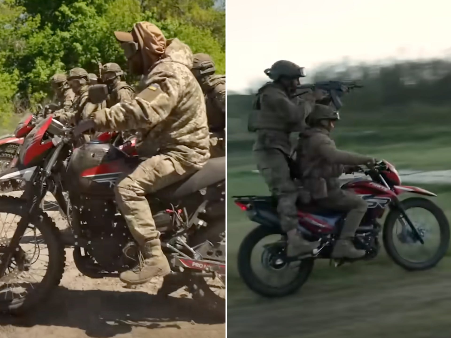 Ukrainian soldiers are seen riding motorbikes while armed with assault rifles.