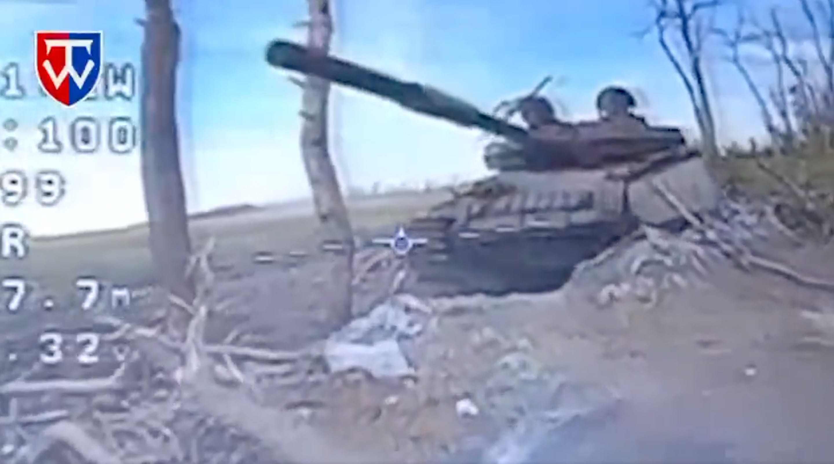 A Ukrainian drone from the 58th Motorized Infantry Brigade right before it strikes Russian armor.
