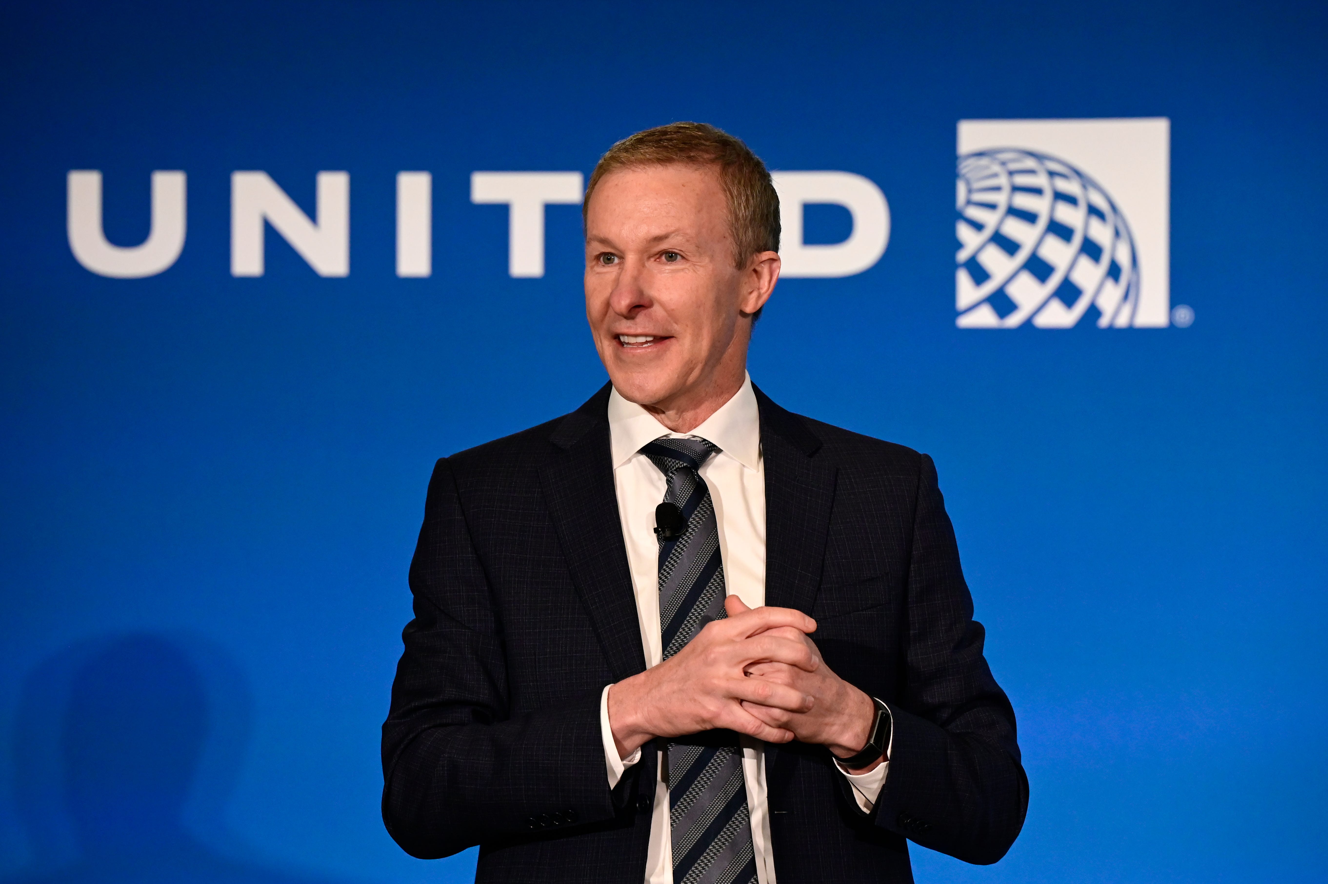 CEO Scott Kirby of United Airlines celebrates opening of a new addition to its Flight Training Center in Denver, Colorado on Thursday, February 22, 2024
