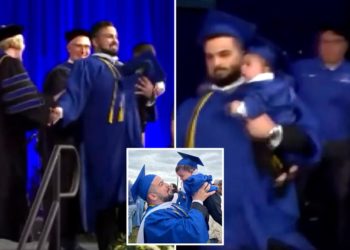 University of Buffalo graduate chased on stage by police while holding infant son during ceremony in chaotic scene