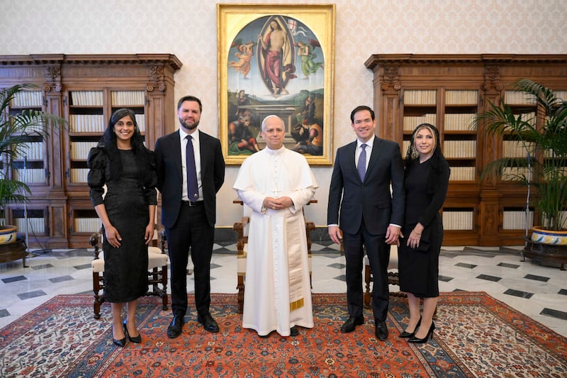 Pope Leo XIV poses with Vice President J.D. Vance, his wife Usha Vance, Secretary of State Marco Rubio and wife Jeanette Dousdebes Rubio during a private audience at the Vatican.