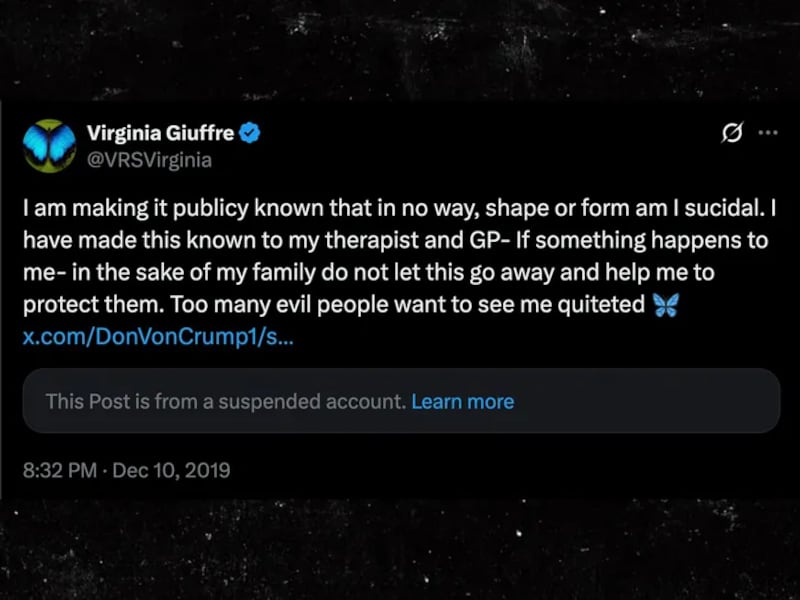 “I am making it publicly known that in no way, shape or form am I suicidal. ... If something happens to me – in the sake of my family do not let this go away and help me to protect them. Too many evil people want to see me quieted [sic].”