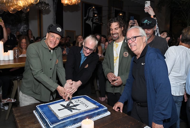 Woody Harrelson, Bill Maher, Devon Wheeler, and Jay Handal attend The Woods' opening day on May 13, 2022 in West Hollywood, California.
