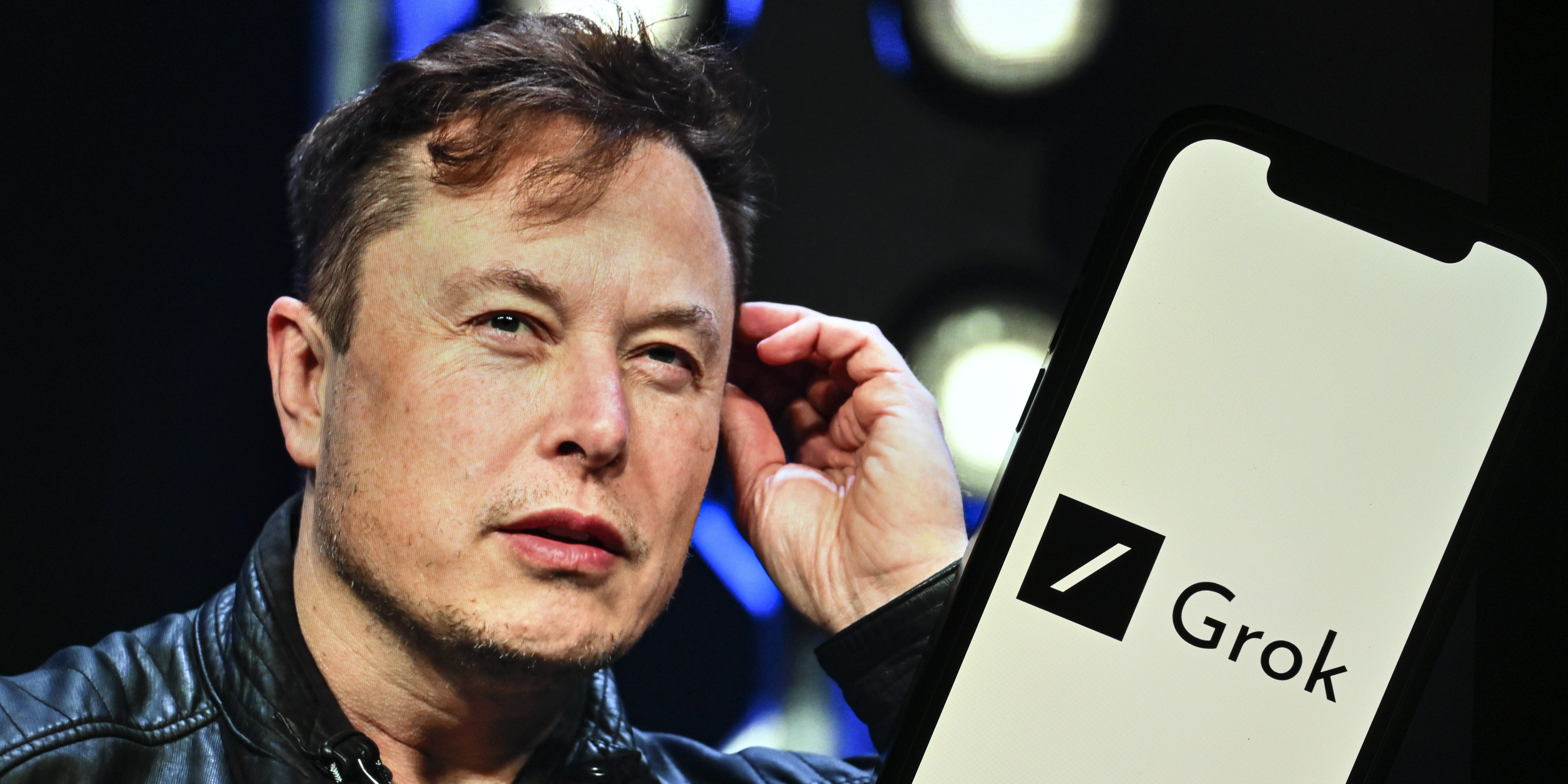Elon Musk next to Grok logo