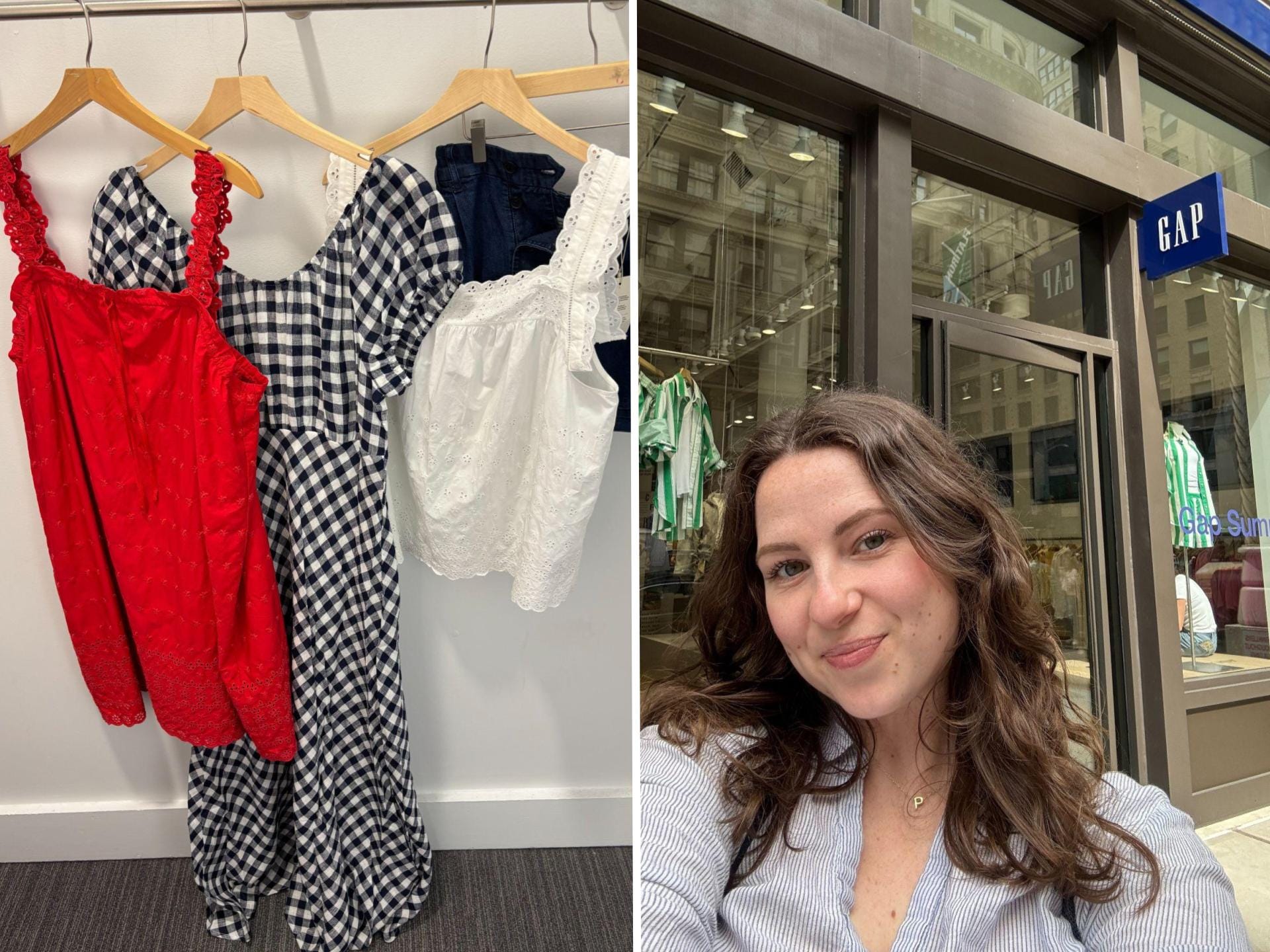 A side-by-side of clothes hanging on a rack and a selfie of a woman in front of a Gap.