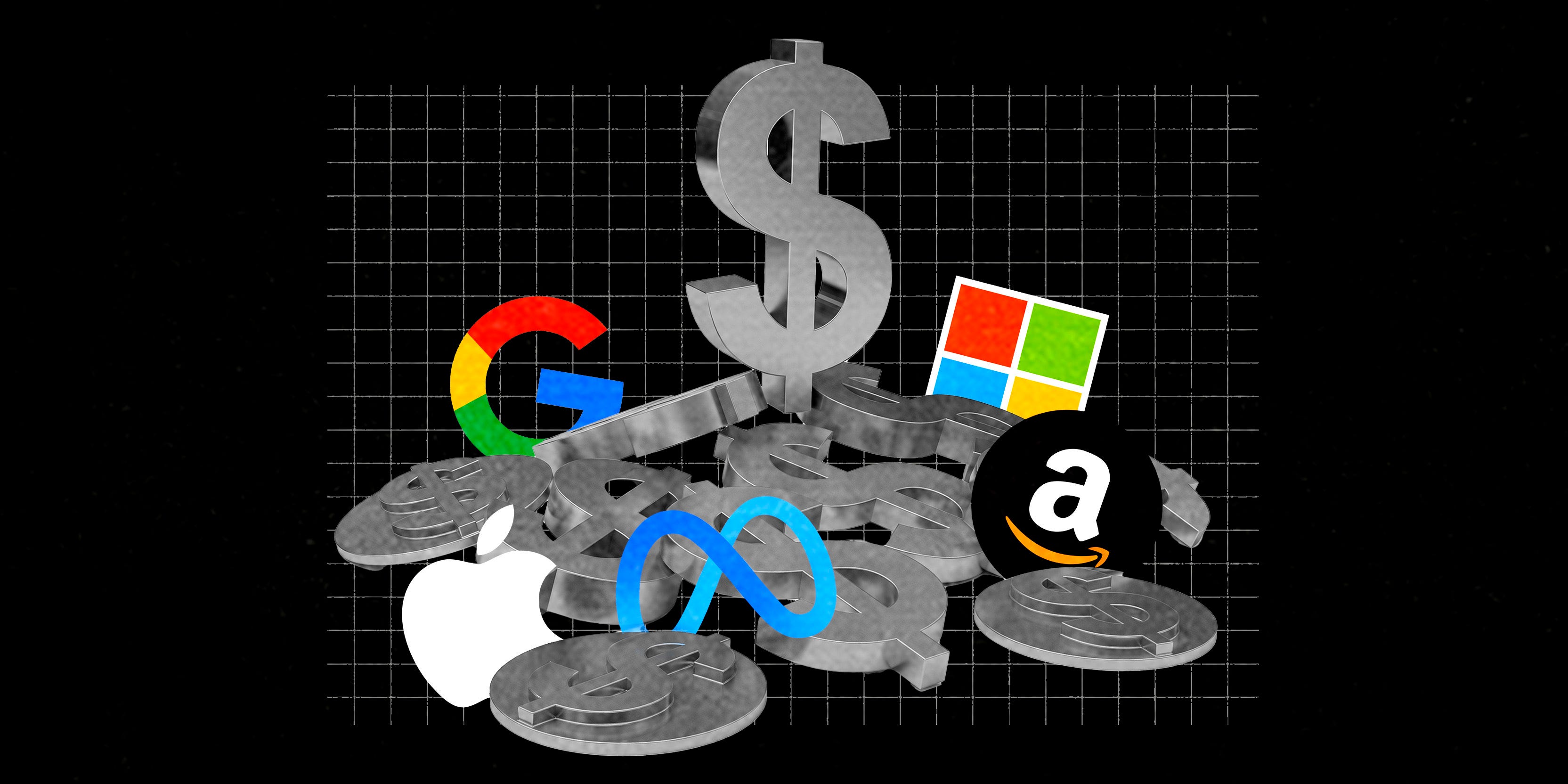 Big tech earnings illustration of logos and dollar signs.